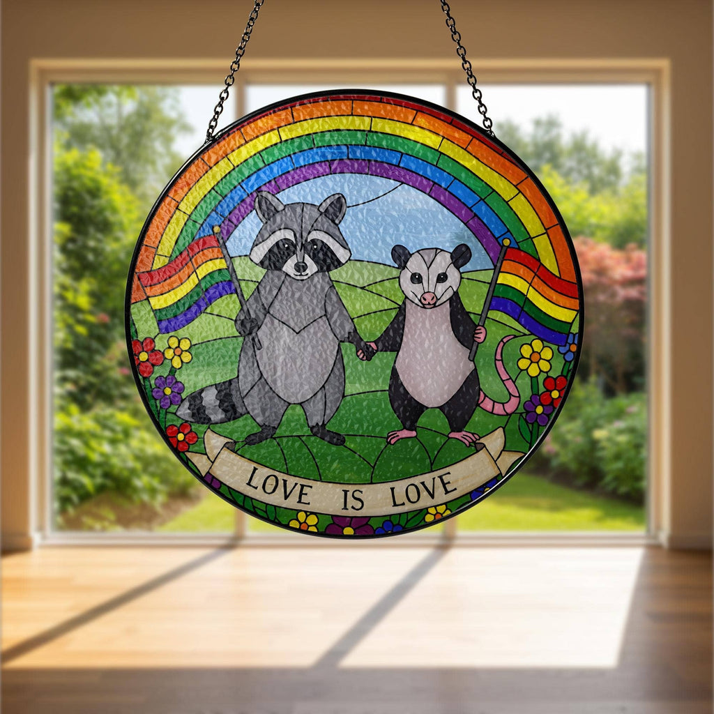 LGBT Raccoon Stained Glass Suncatcher, Rainbow Animal Art: 6in