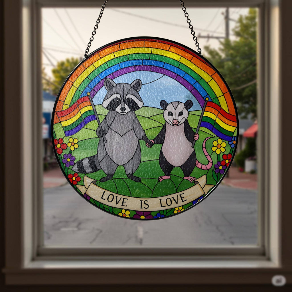 LGBT Raccoon Stained Glass Suncatcher, Rainbow Animal Art: 6in