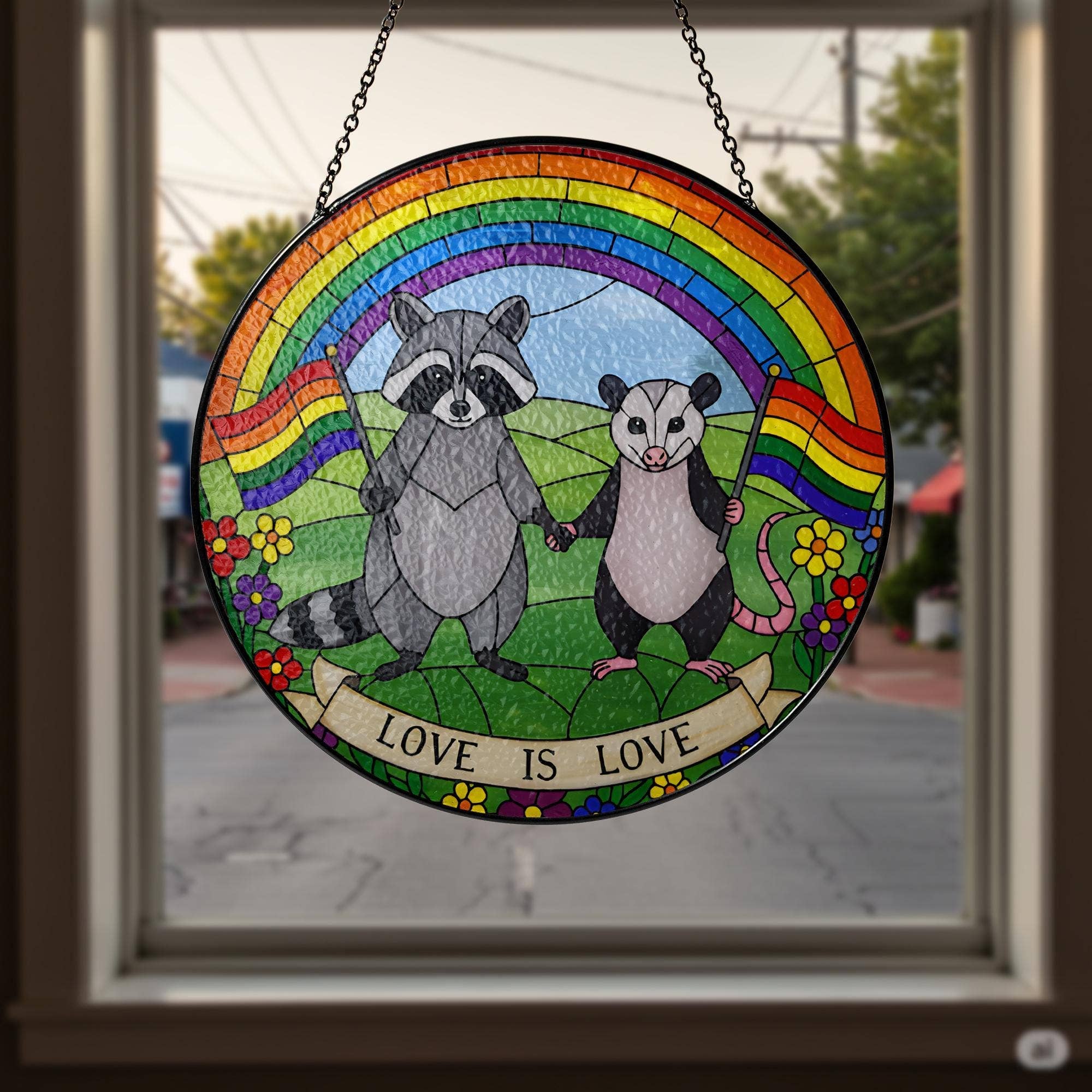 LGBT Raccoon Stained Glass Suncatcher, Rainbow Animal Art: 6in