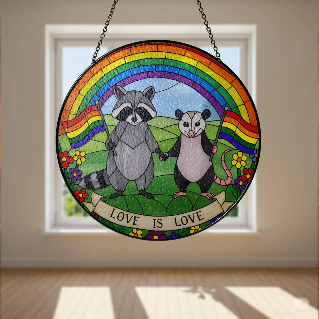 LGBT Raccoon Stained Glass Suncatcher, Rainbow Animal Art: 6in