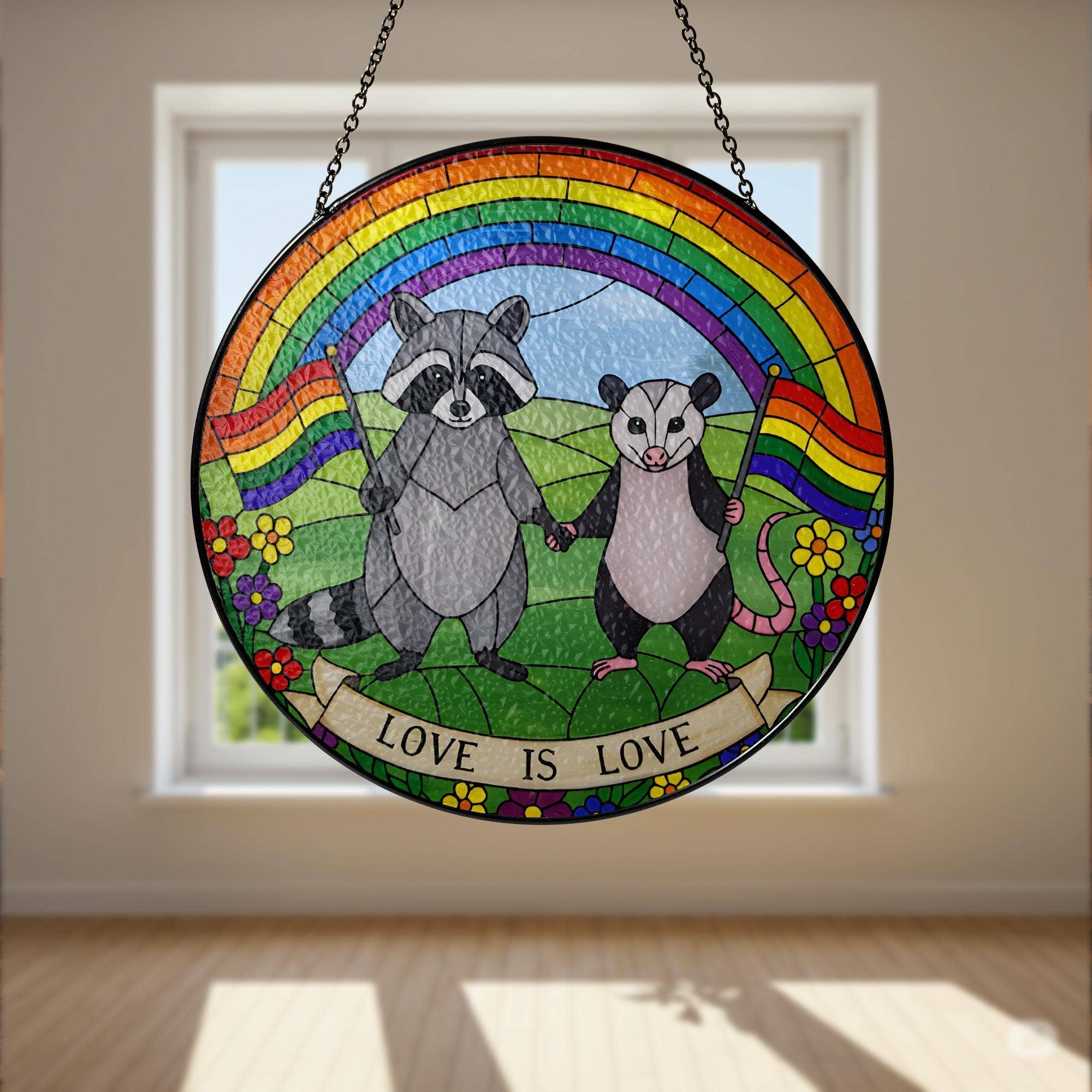 LGBT Raccoon Stained Glass Suncatcher, Rainbow Animal Art: 6in