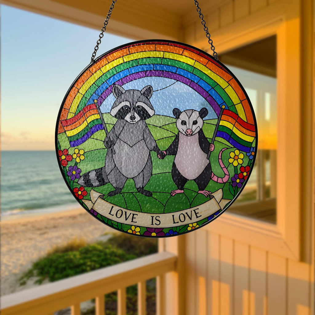 LGBT Raccoon Stained Glass Suncatcher, Rainbow Animal Art: 6in
