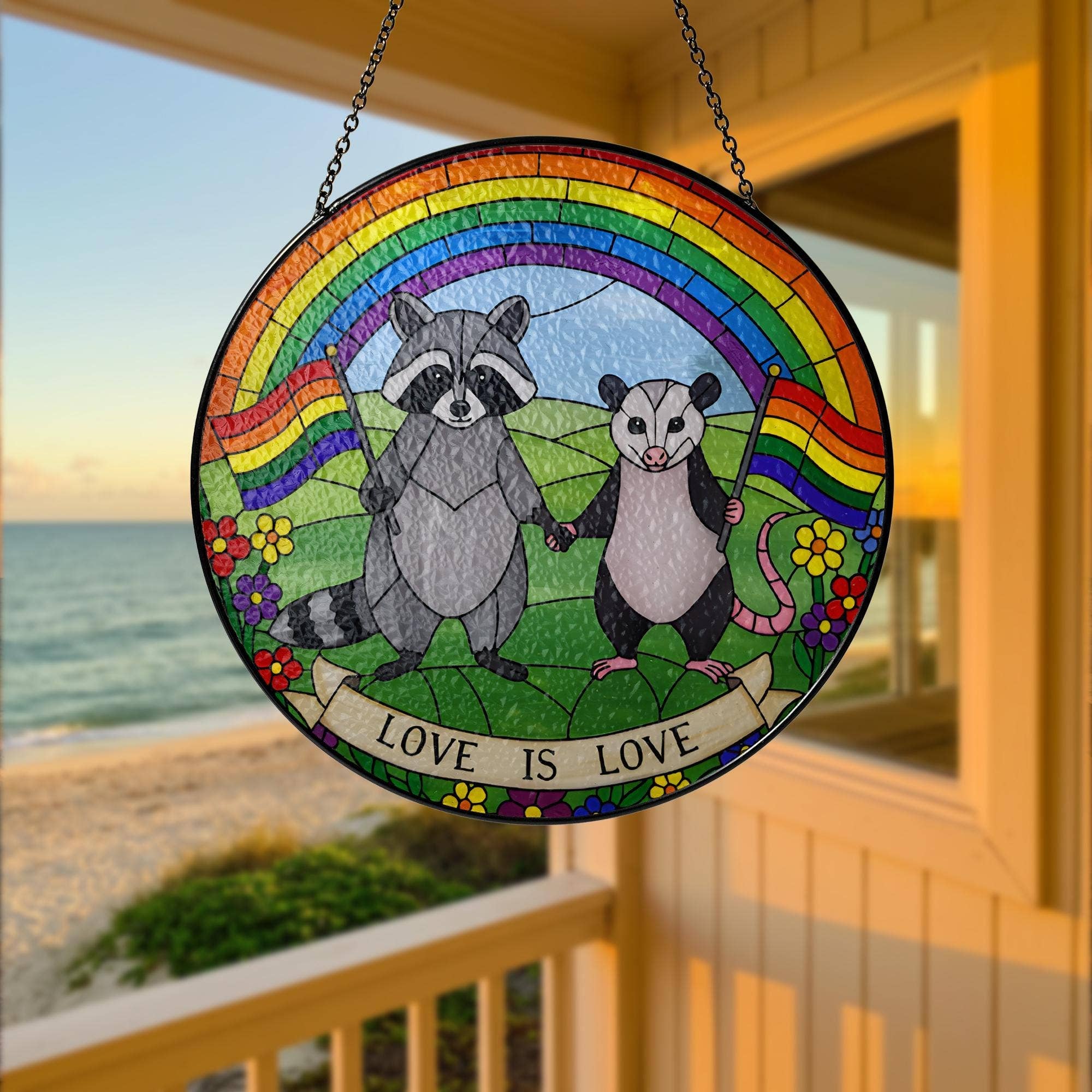 LGBT Raccoon Stained Glass Suncatcher, Rainbow Animal Art: 6in