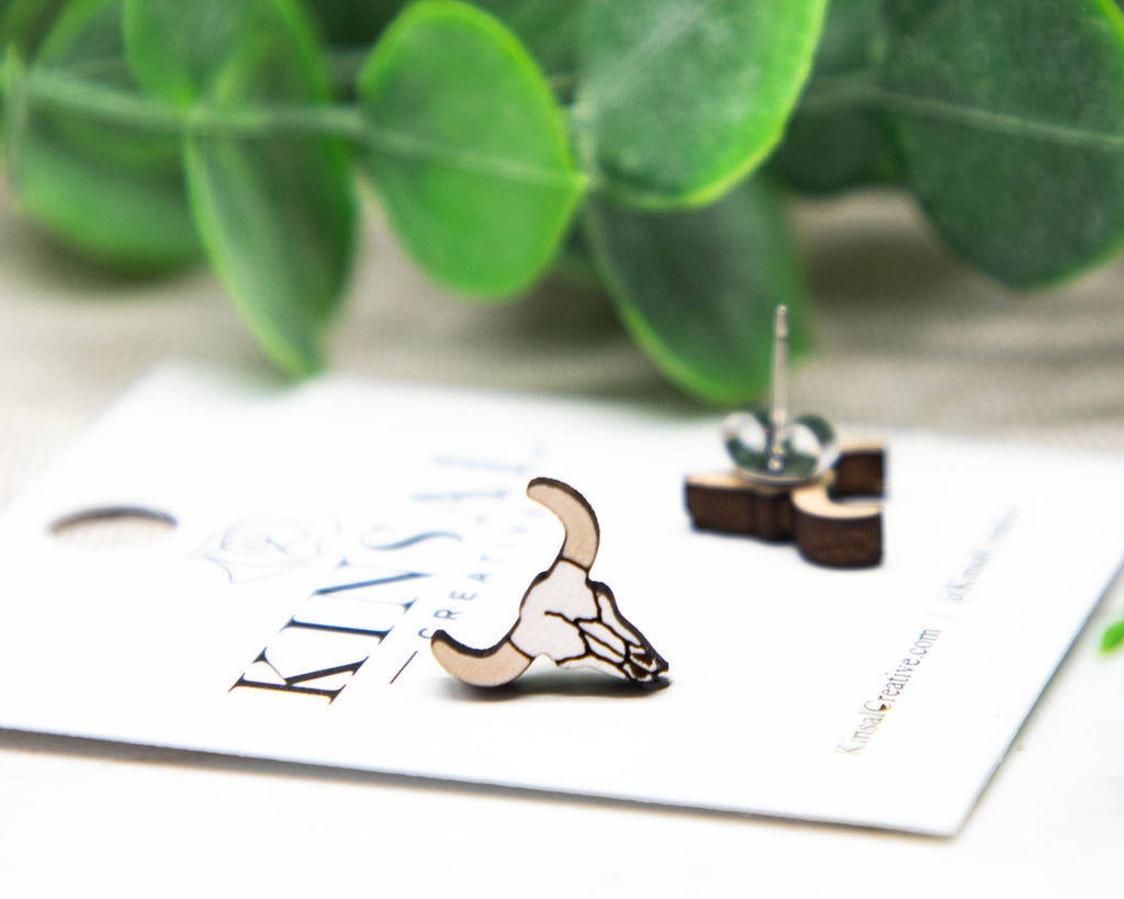 Animal Skull Wood Stud Earrings
