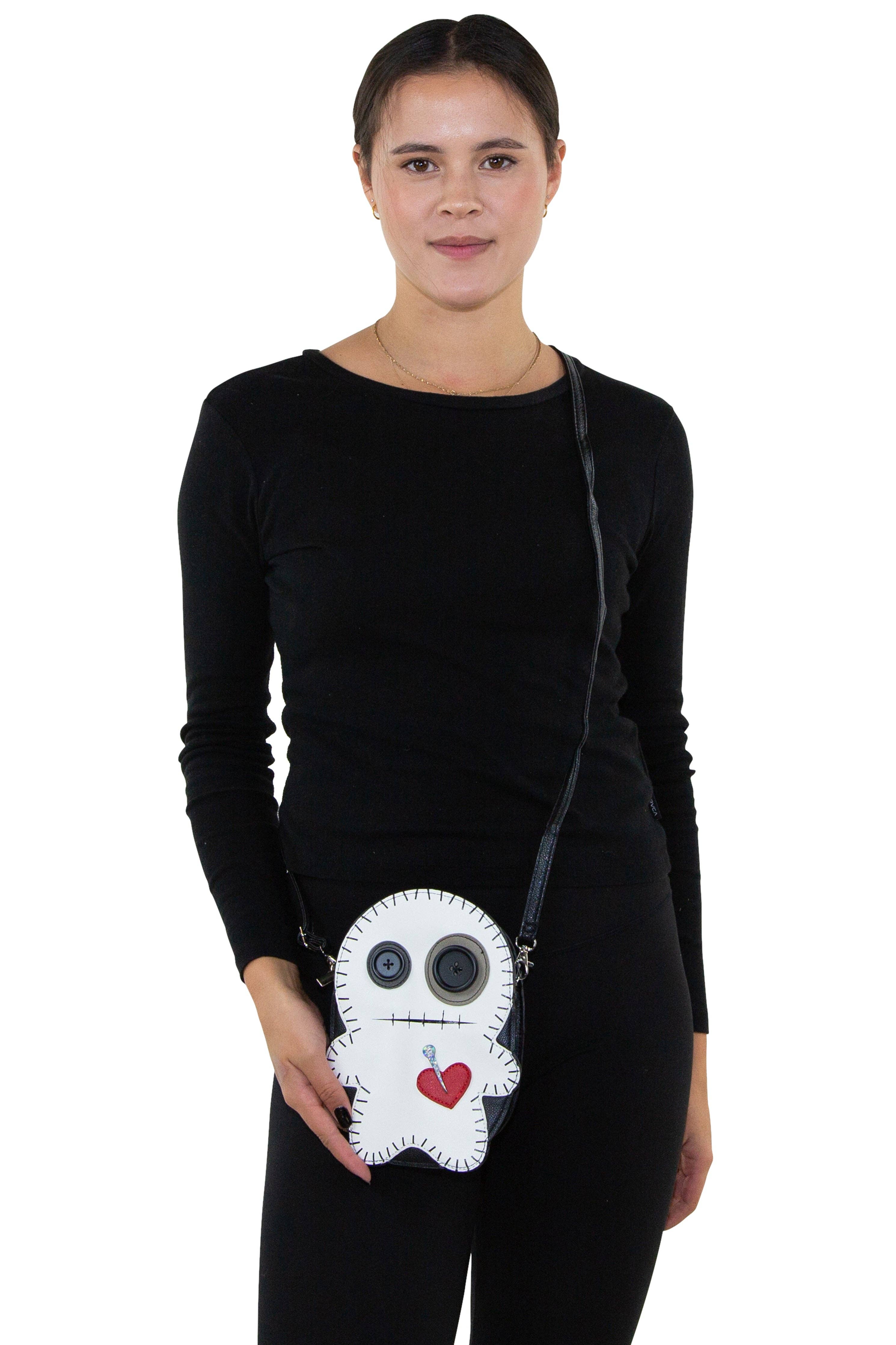 Stitched Voodoo Doll Shoulder Crossbody Bag in Vinyl Material: White