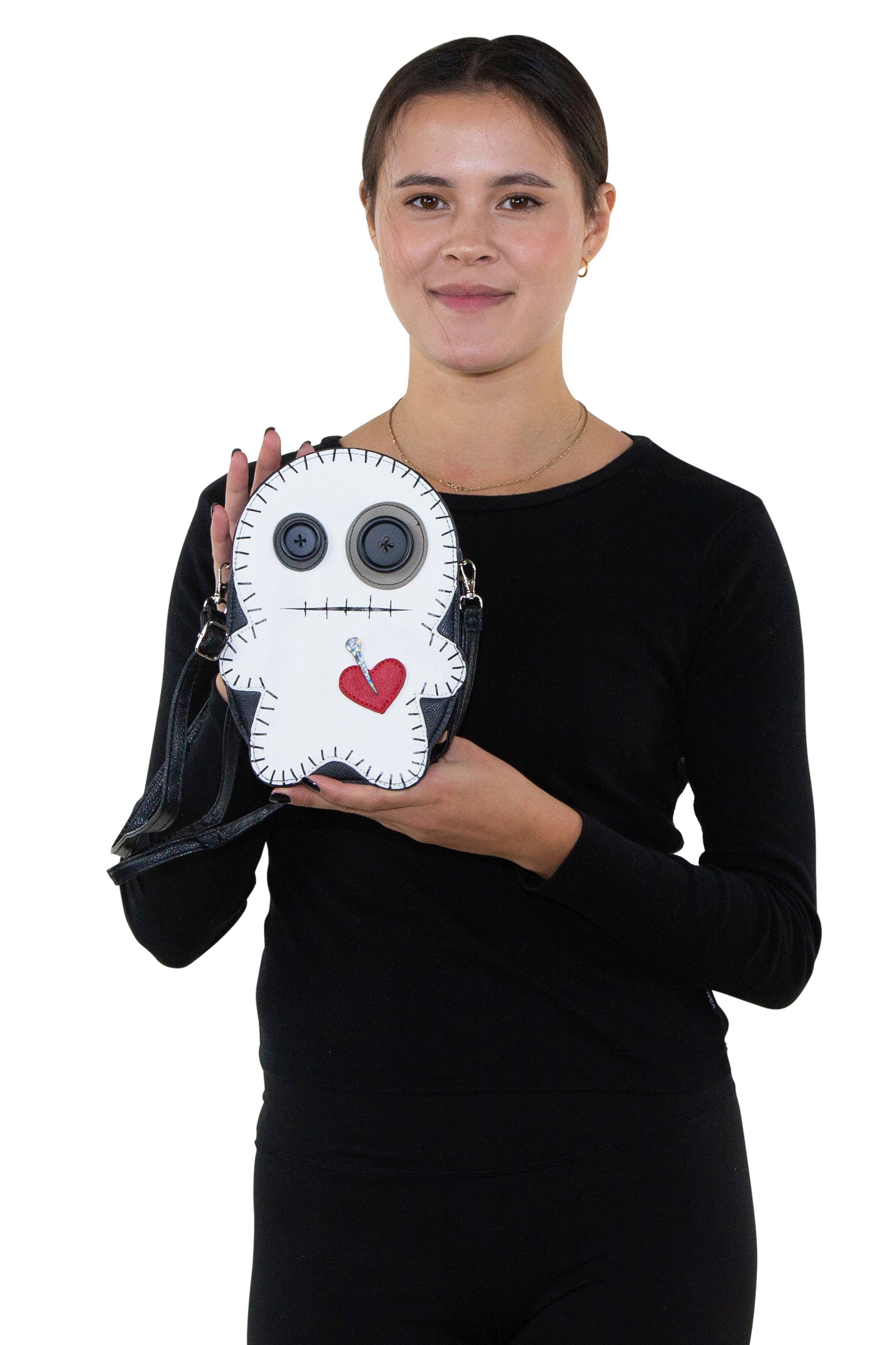 Stitched Voodoo Doll Shoulder Crossbody Bag in Vinyl Material: White