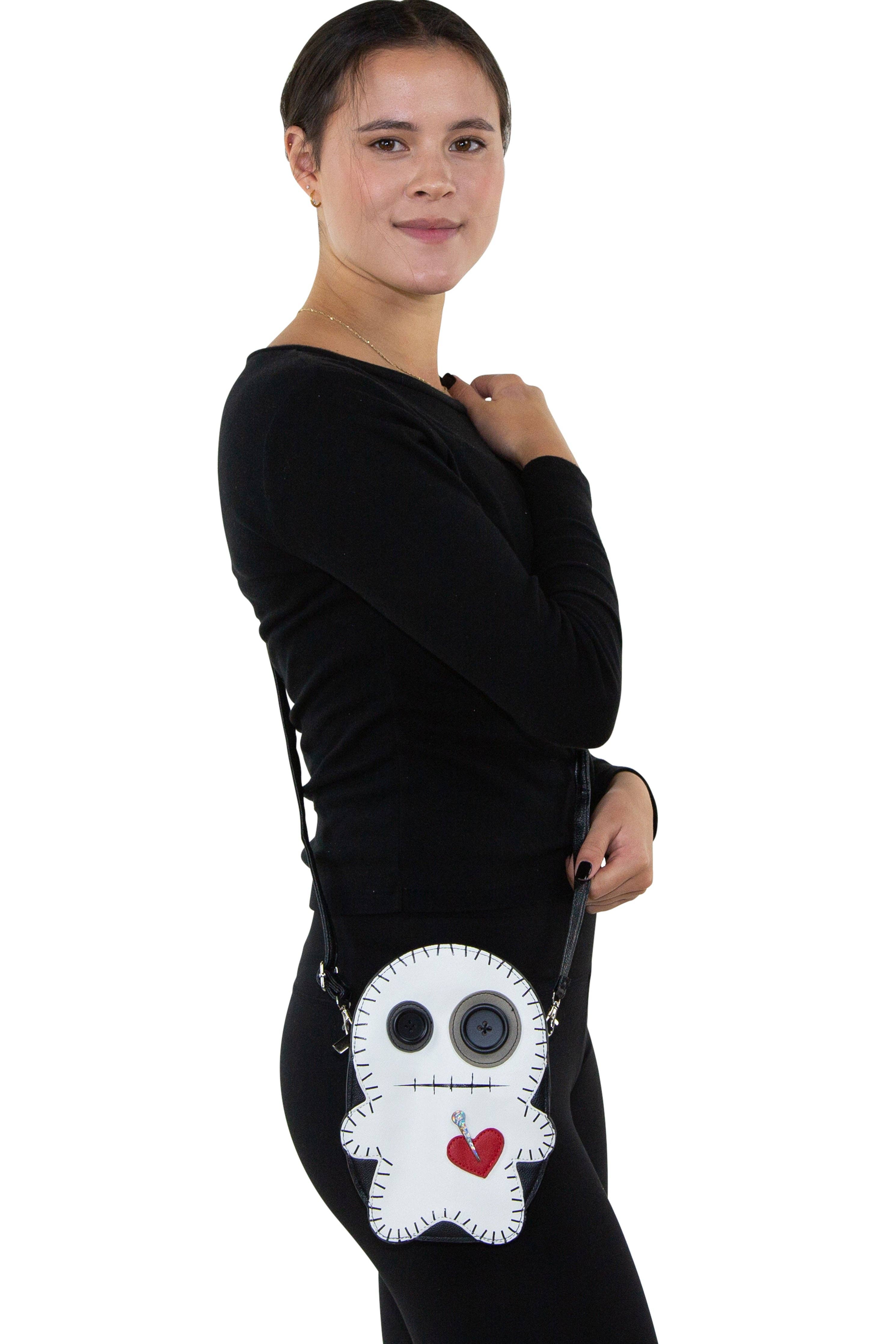 Stitched Voodoo Doll Shoulder Crossbody Bag in Vinyl Material: White