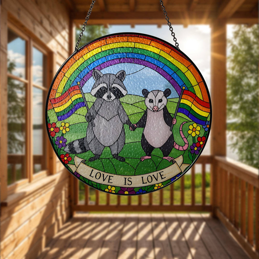 LGBT Raccoon Stained Glass Suncatcher, Rainbow Animal Art: 6in