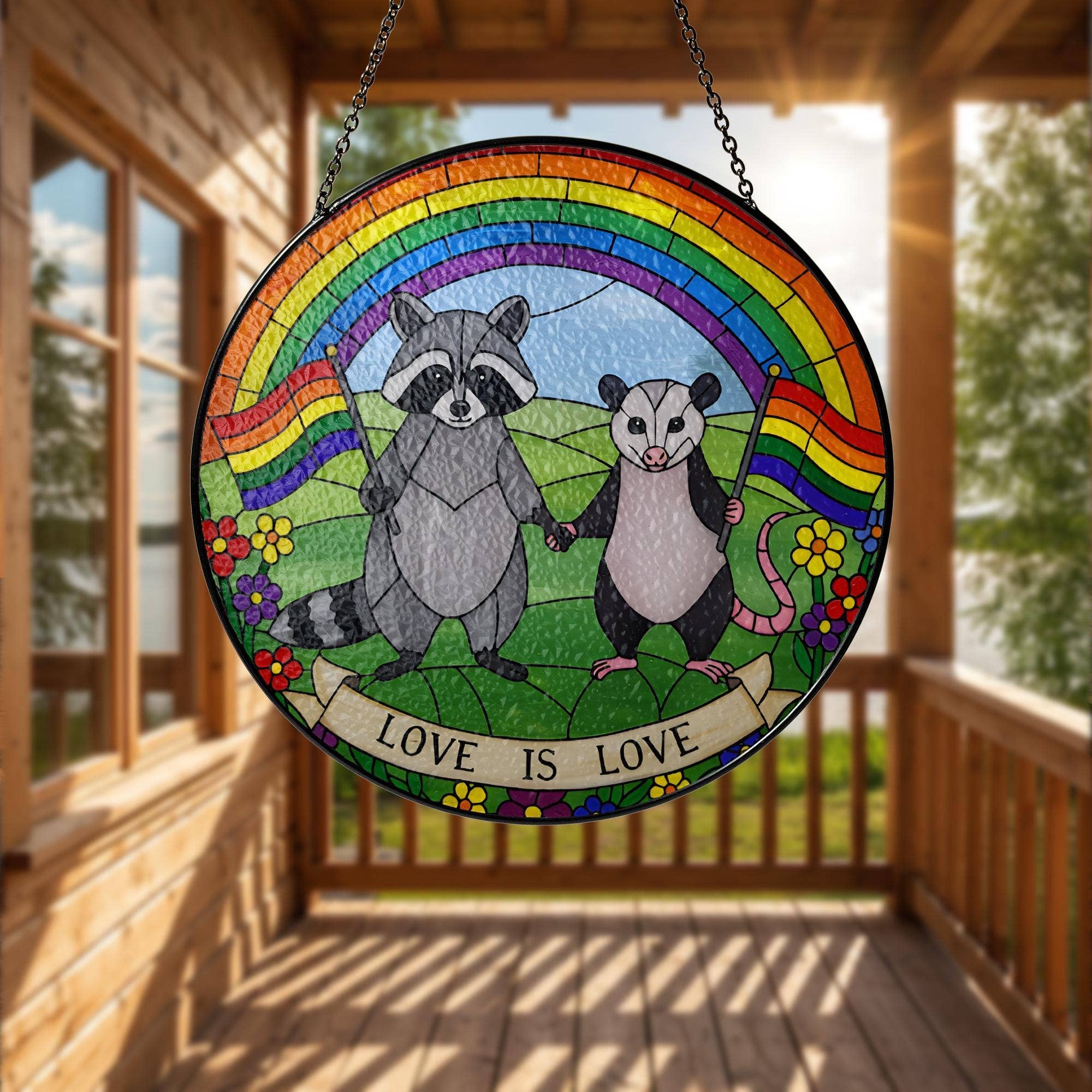 LGBT Raccoon Stained Glass Suncatcher, Rainbow Animal Art: 6in