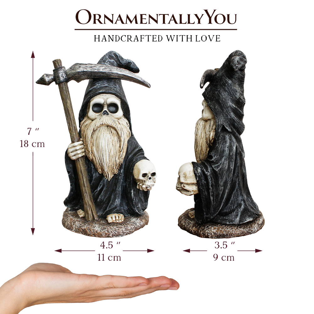 Grim Reaper Gnome Figurine 7", Gothic Occult Statue Decor
